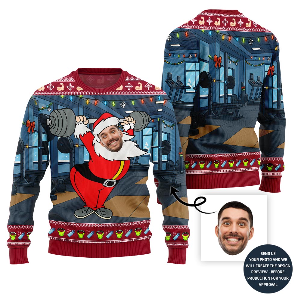 Hilarious Lifting Santa Ugly Sweater - Funny Ugly Christmas Sweater