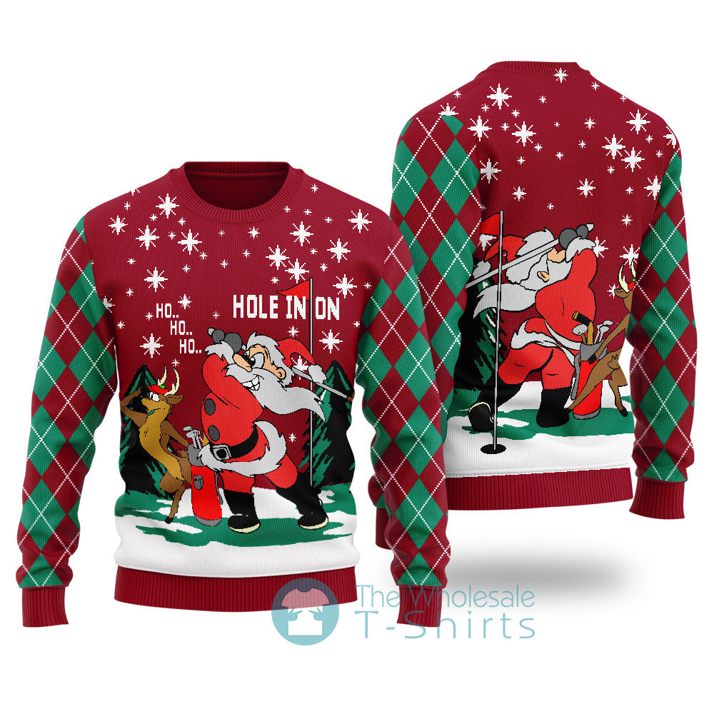 Funny Hole In On Santa Reindeer Christmas Sweater Cardinal Red