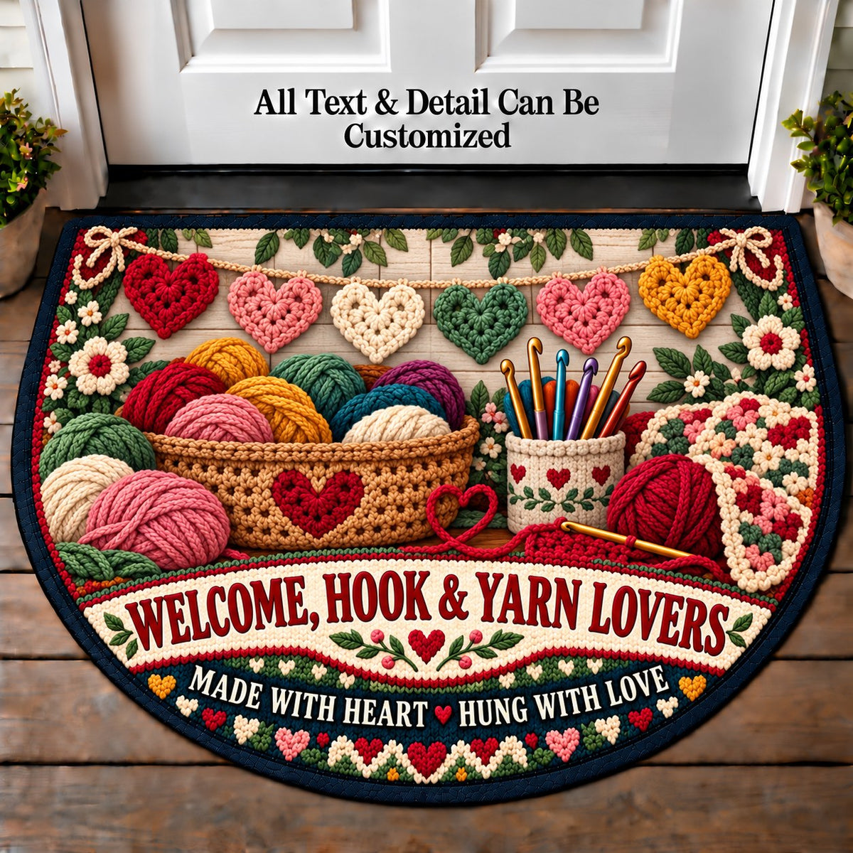 Heart Garland - Hook and Yarn Lovers Personalized Half Round Mat | 5To9Vibe
