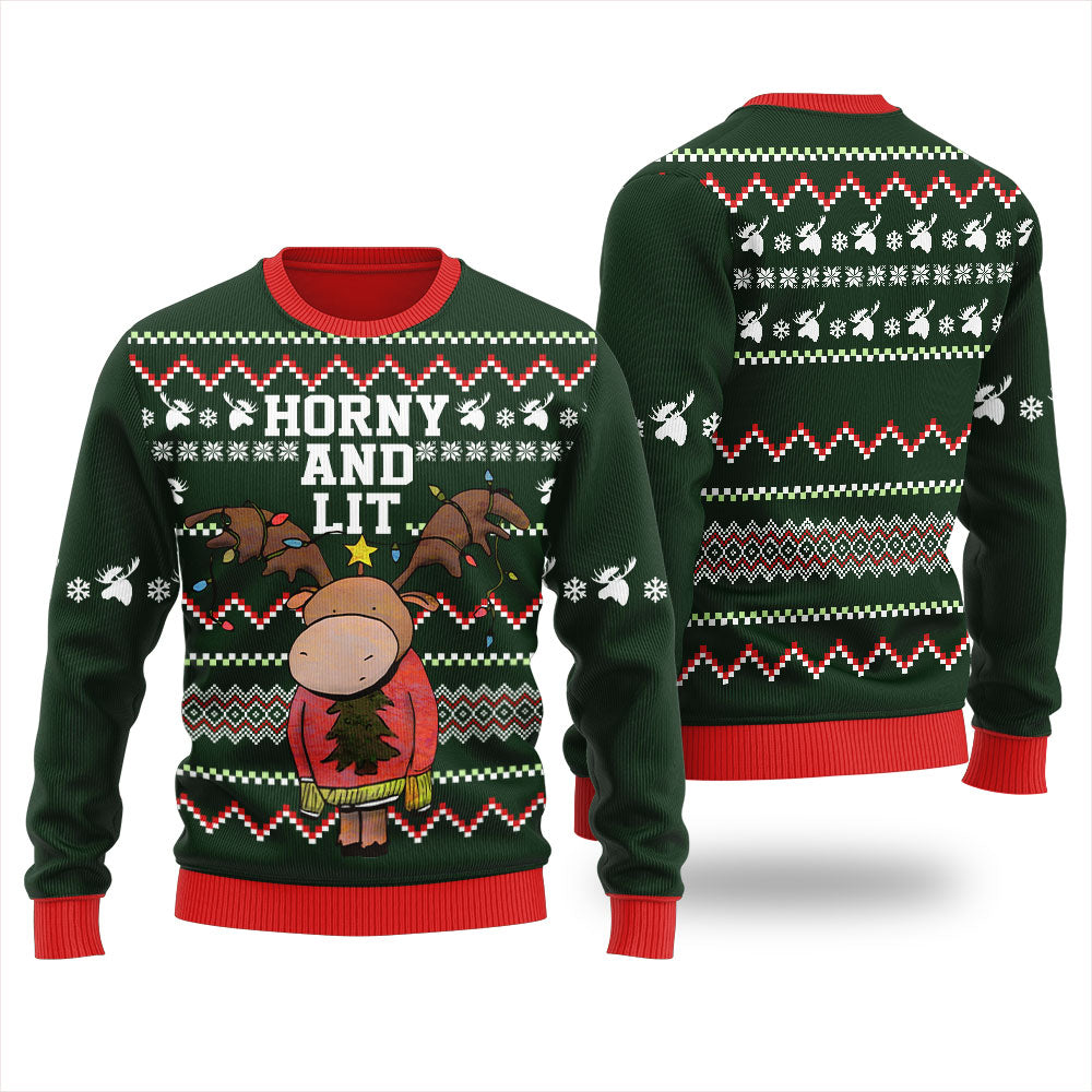 Get Lit Moose Horny Christmas Sweater Women