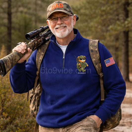Hunting Embroidered Quarter Zip Sweatshirt, Funny Hunting Life Bear Pullover, Men's Casual Zip Up Jacket, Gift for Hunting Lover Dad