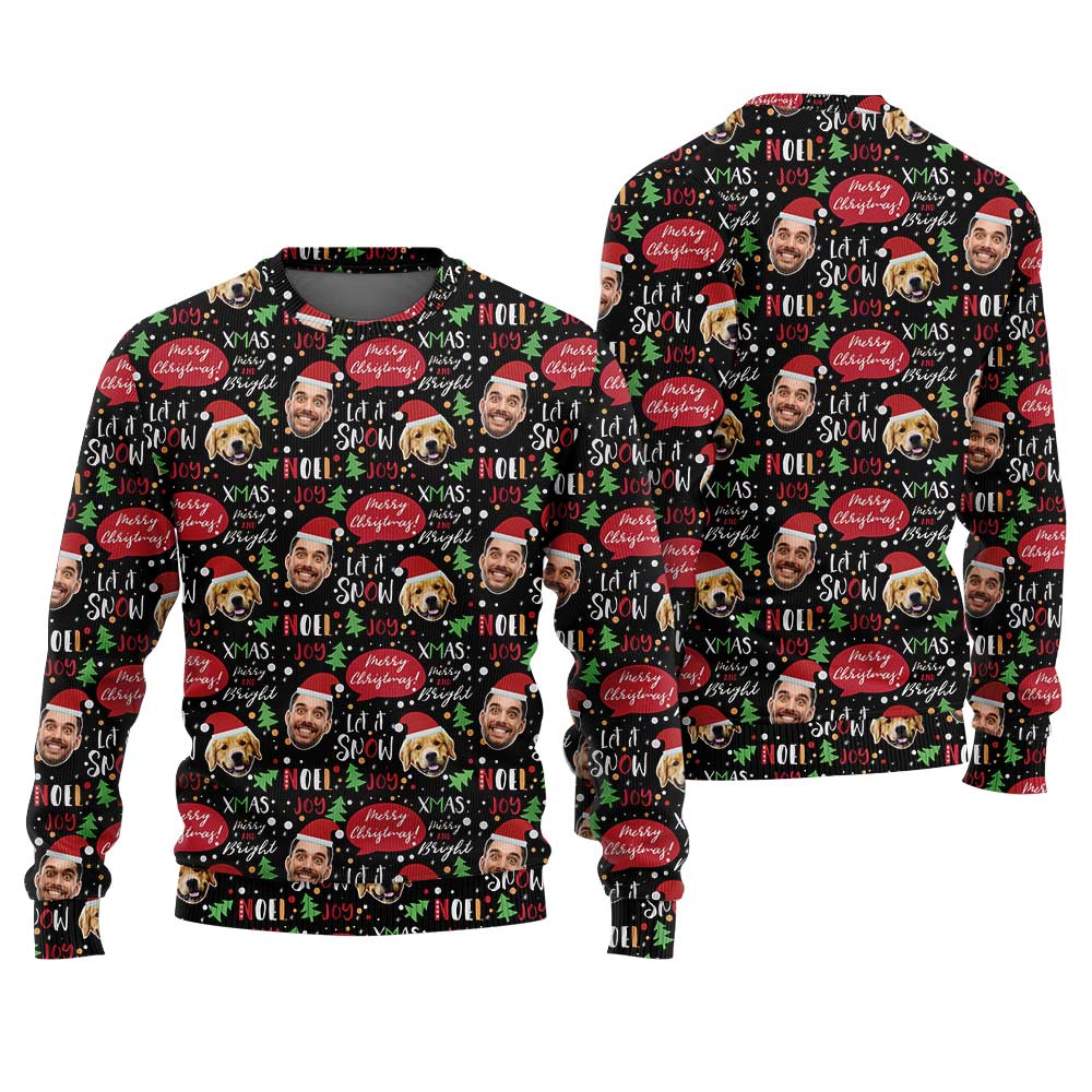 Let It Snow Custom Face And Pet Ugly Christmas Sweater Black