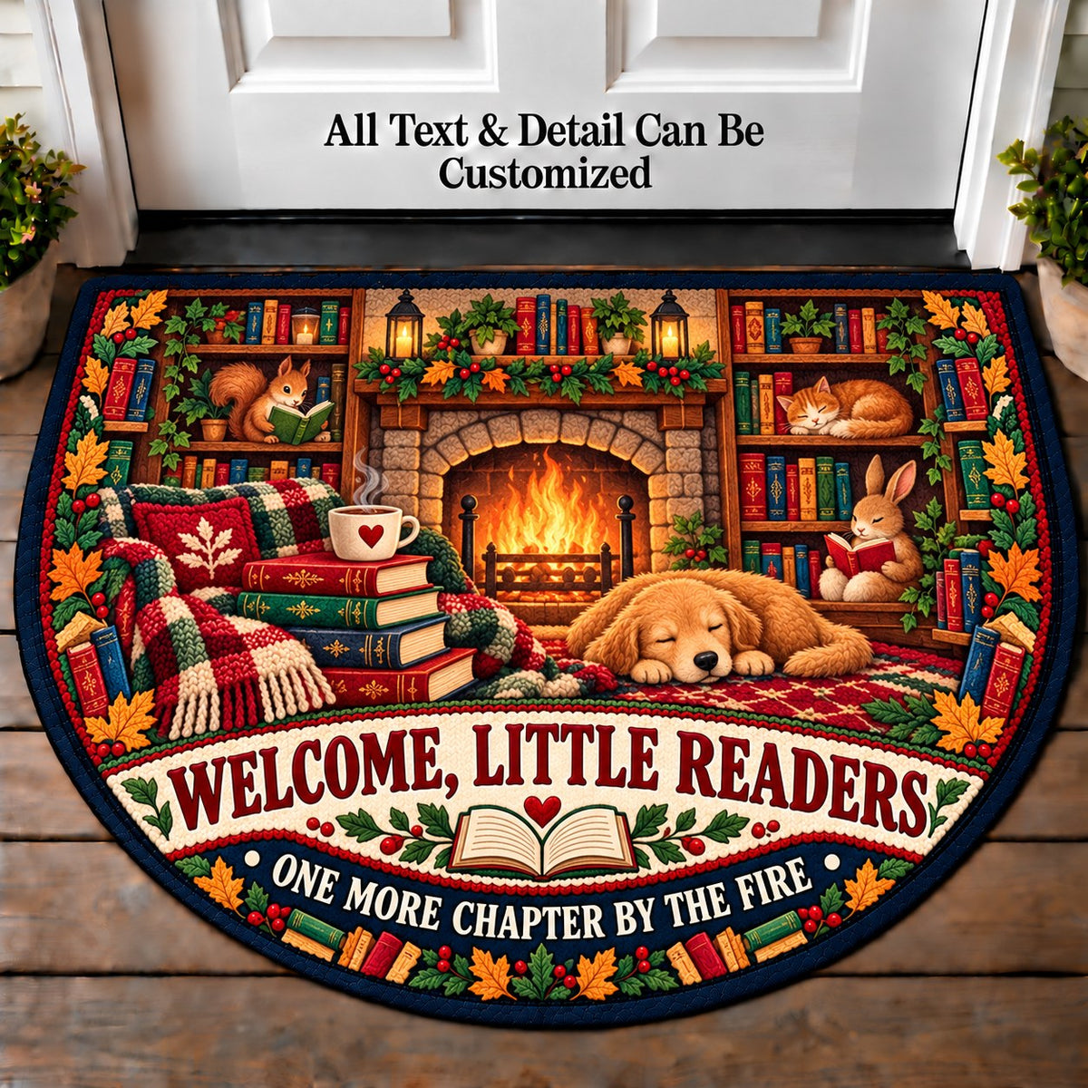Cozy Fireplace - Little Readers Personalized Half Round Mat | 5To9Vibe