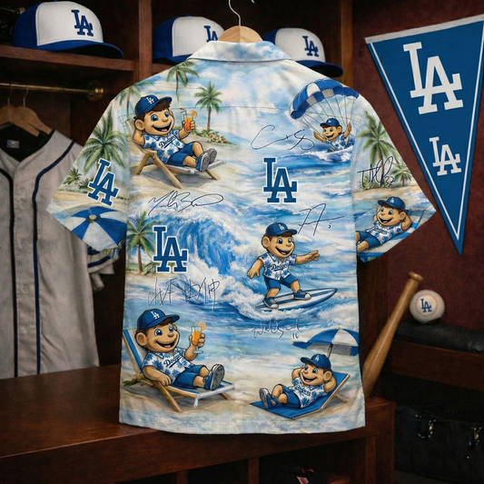 LAD Baseball Mascot Beach Viber With Player Signature Button-Up Unisex Hawaiian Shirt For Men & Women