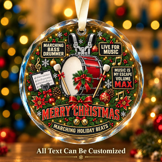 Marching Bass Drummer Personalized Glass Ornament | 5To9Vibe