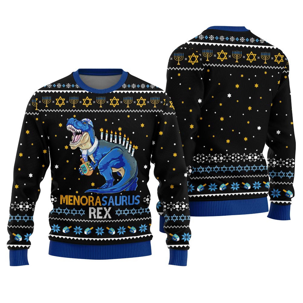 Tacky Menorasaurus Rex Hanukkah Holiday Sweater