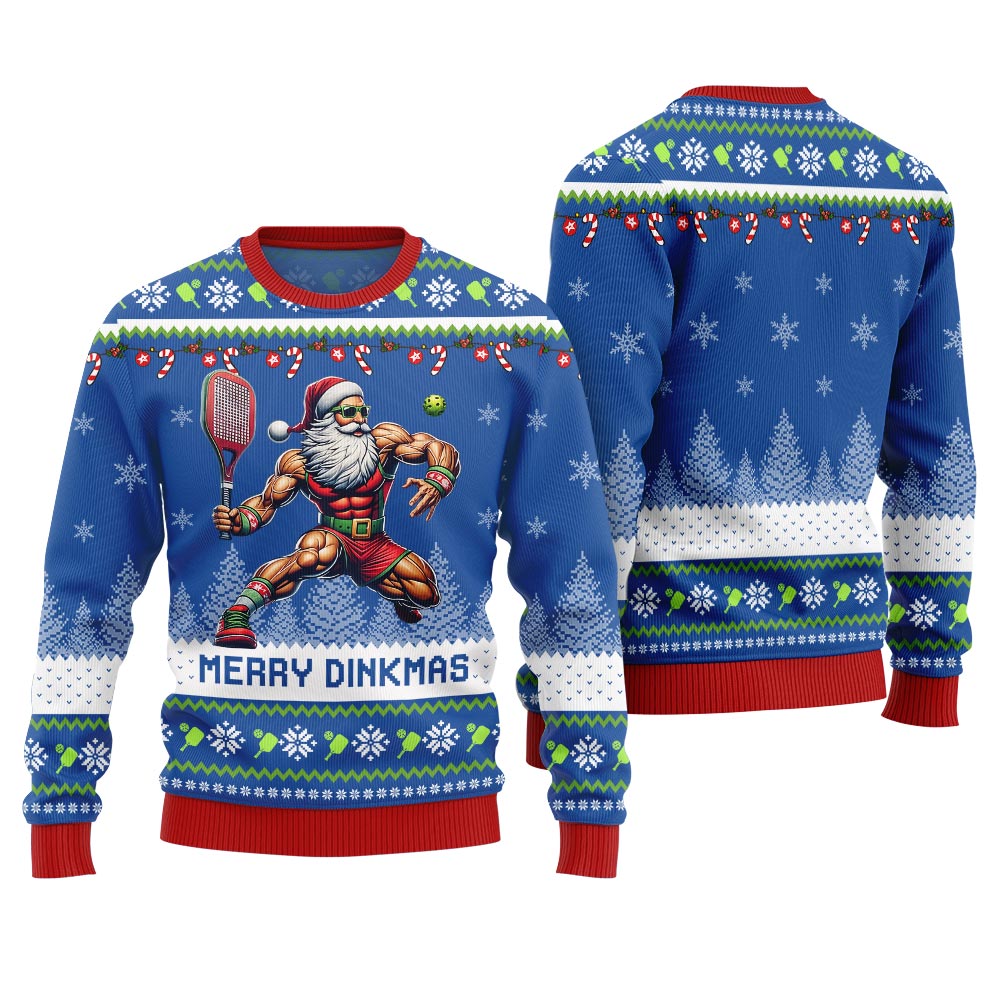 Merry Dinkmas Muscular Santa Playing Pickleball Ugly Sweater