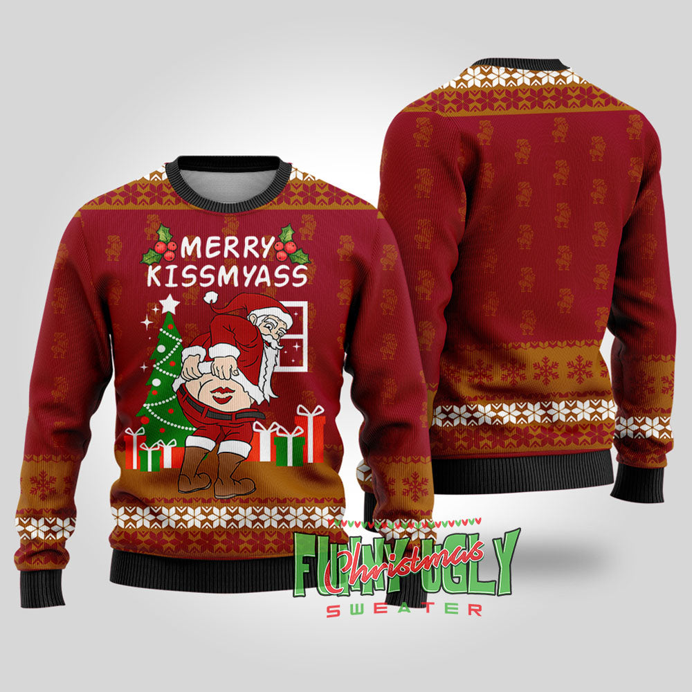 Merry Kissmyass Naughty Santa Sweater Cardinal Red