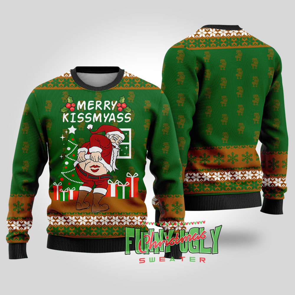 Merry Kissmyass Naughty Santa Sweater Forest Green