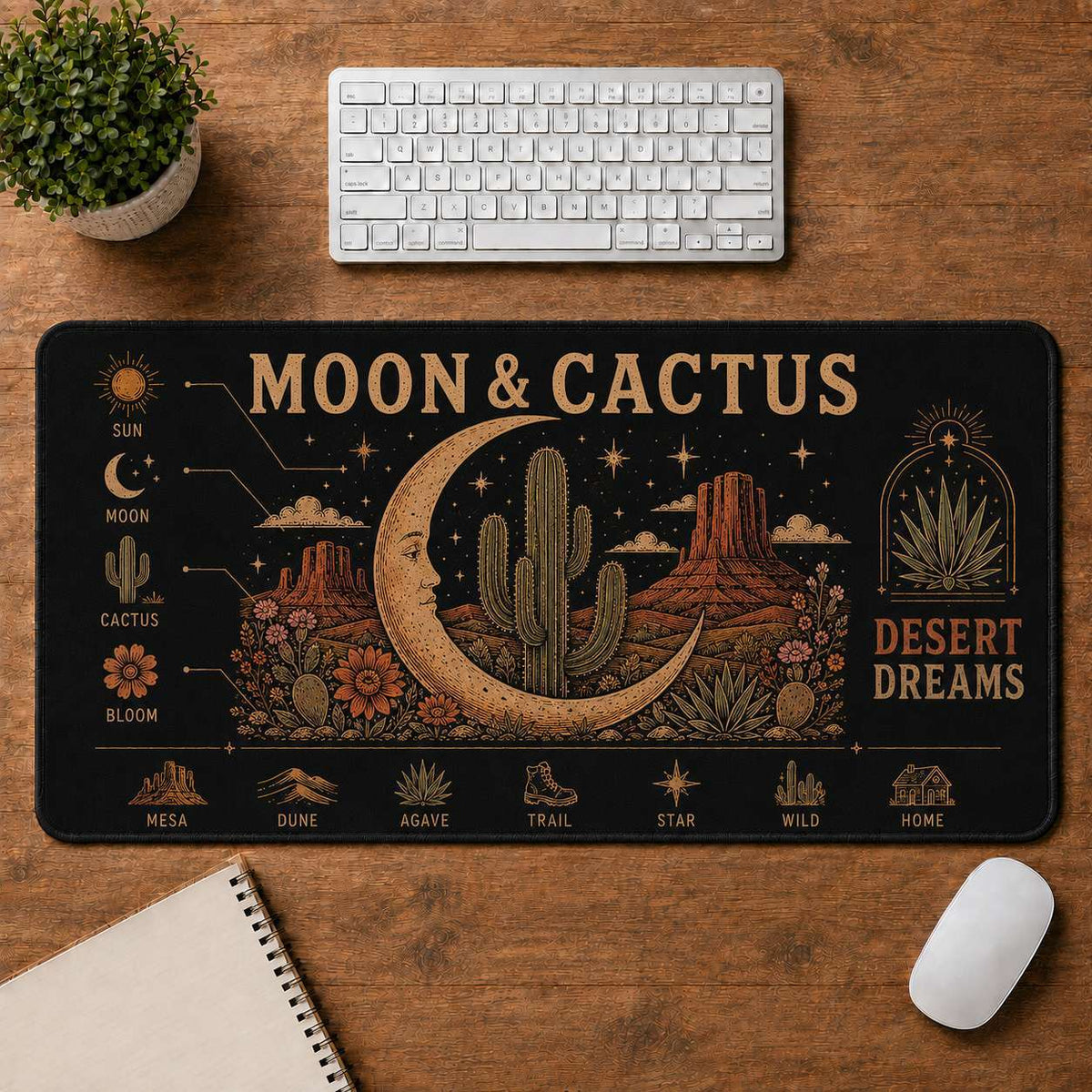 Western Boho Hippie Desk Mat Mouse Pad | 5To9Vibe - Moon & Cactus style