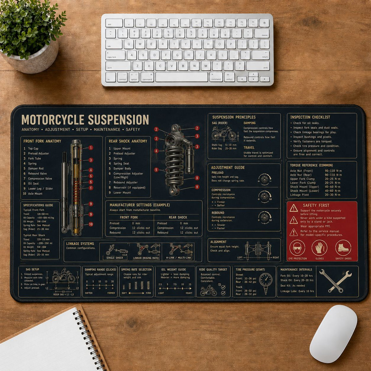 Motorcycle Suspension Automotive Technical Guide Desk Mat | 5To9Vibe