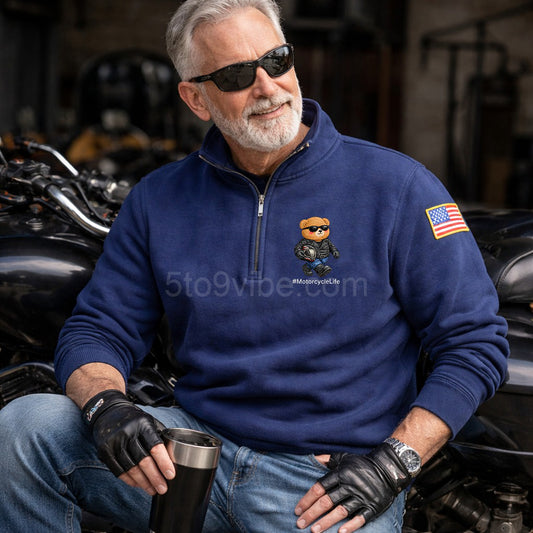 Motorcycle Embroidered Quarter Zip Sweatshirt, Funny Motorcycle Bear Pullover, Men's Casual Zip Up Jacket, Gift for Motorcycle Lover Dad