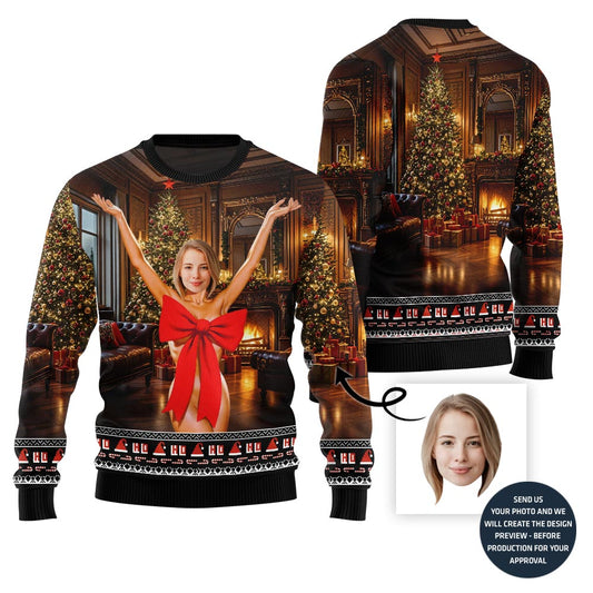 Naughty Gift Bow Custom Face Ugly Xmas Sweater