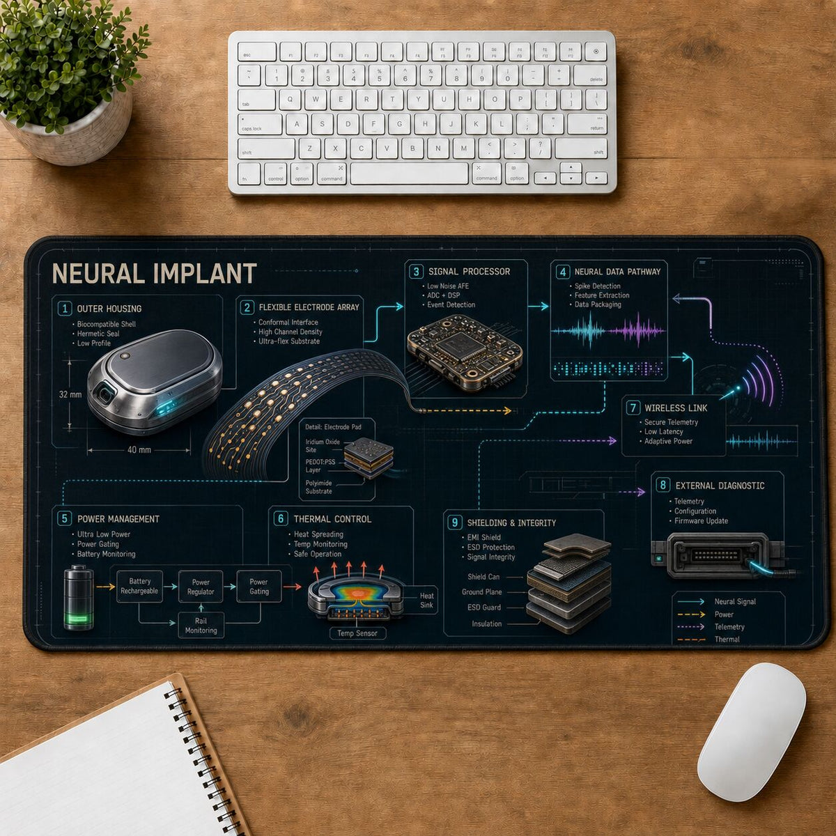 Neural Implant Futuristic Technical Guide Desk Mat | 5To9Vibe