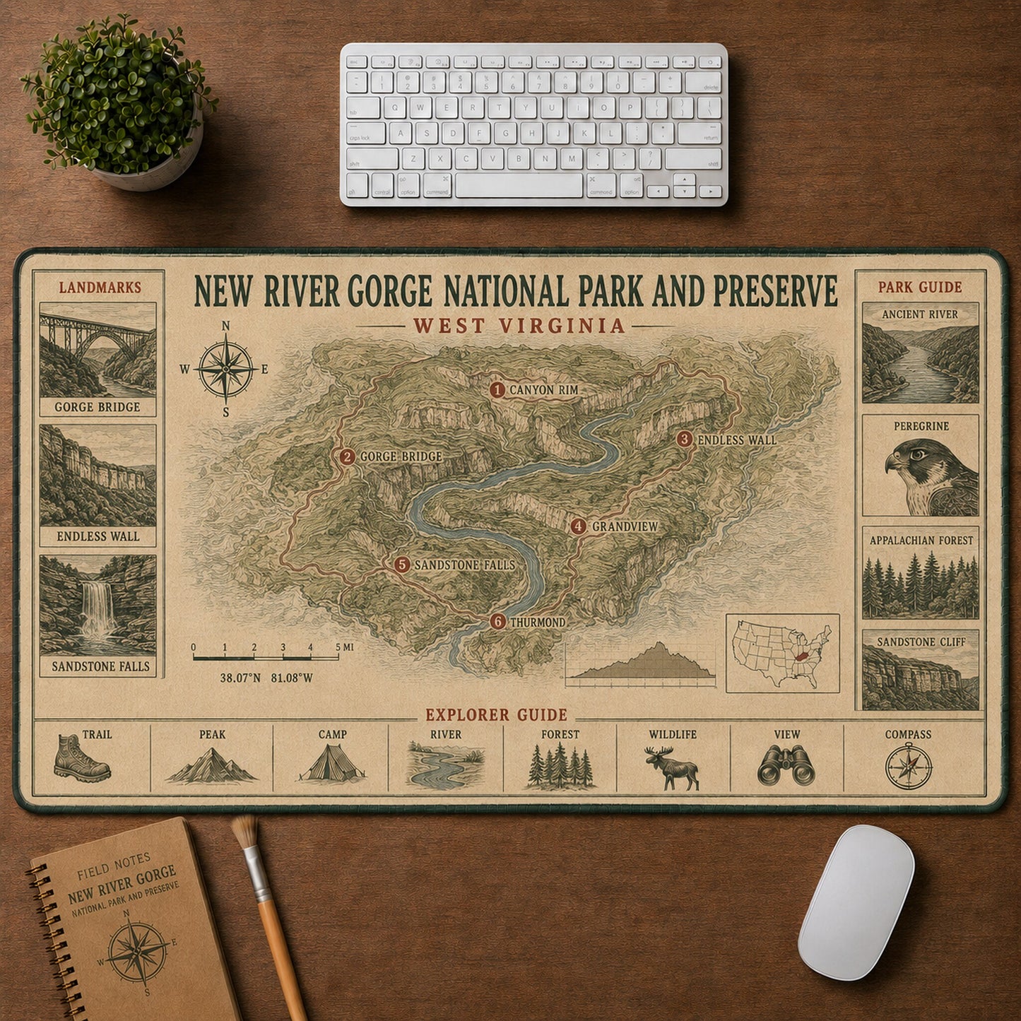 New River Gorge National Park and Preserve Vintage Topographic Park Map Explorer Guide Desk Mat | 5To9Vibe