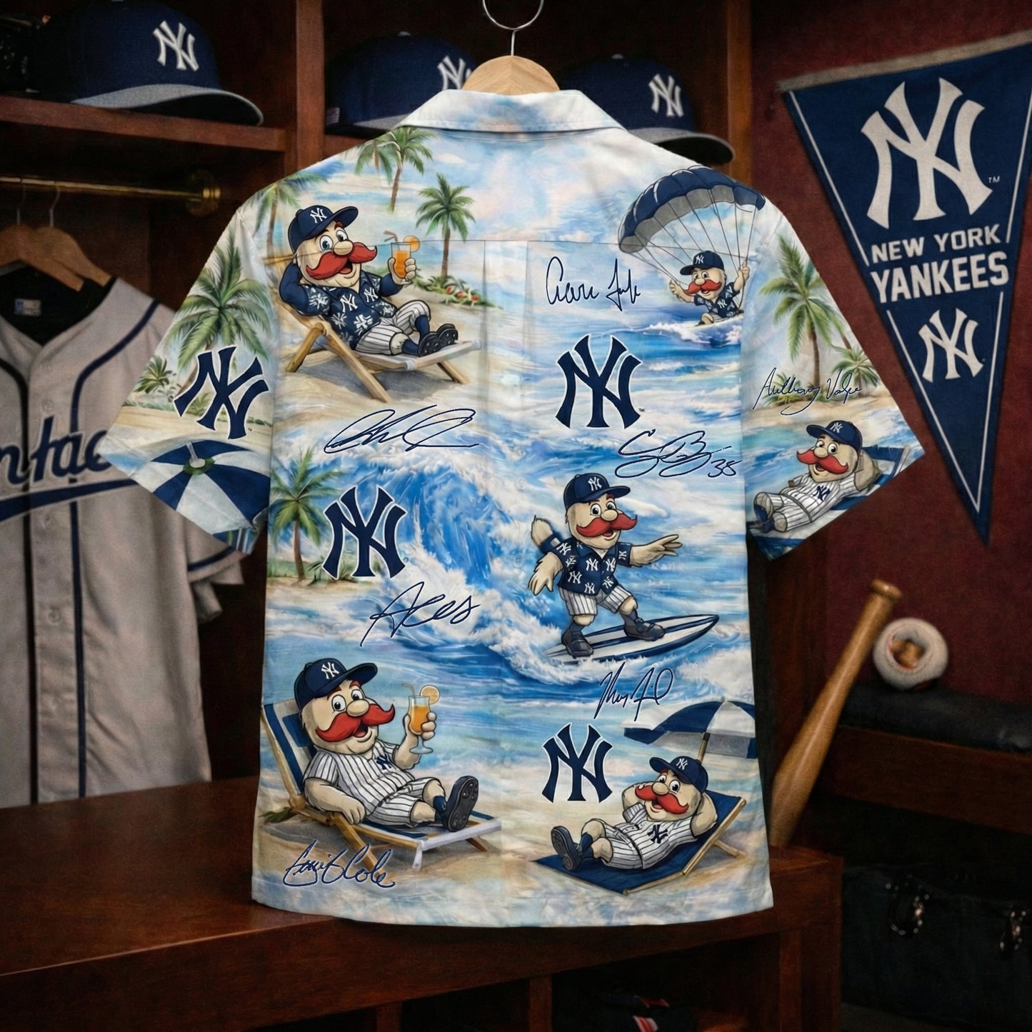Camisa Hawaiana Unisex con Botones y Firma de Jugador, con la Mascota de Béisbol de los NYY en la Playa para Hombres y Mujeres