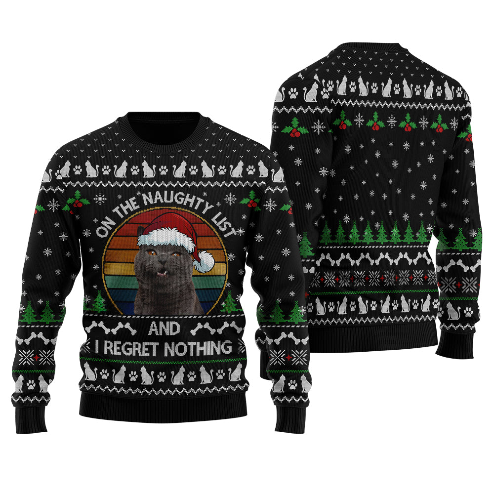 On The Naughty List Custom Cat Ugly Christmas Sweater Black - Funny Ugly Christmas Sweater
