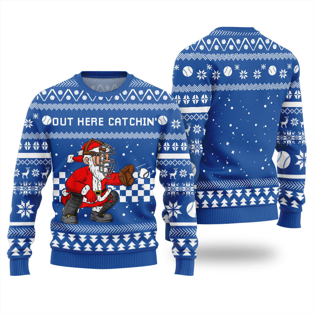 Out Here Catchin Santa Baseball Ugly Christmas Sweater