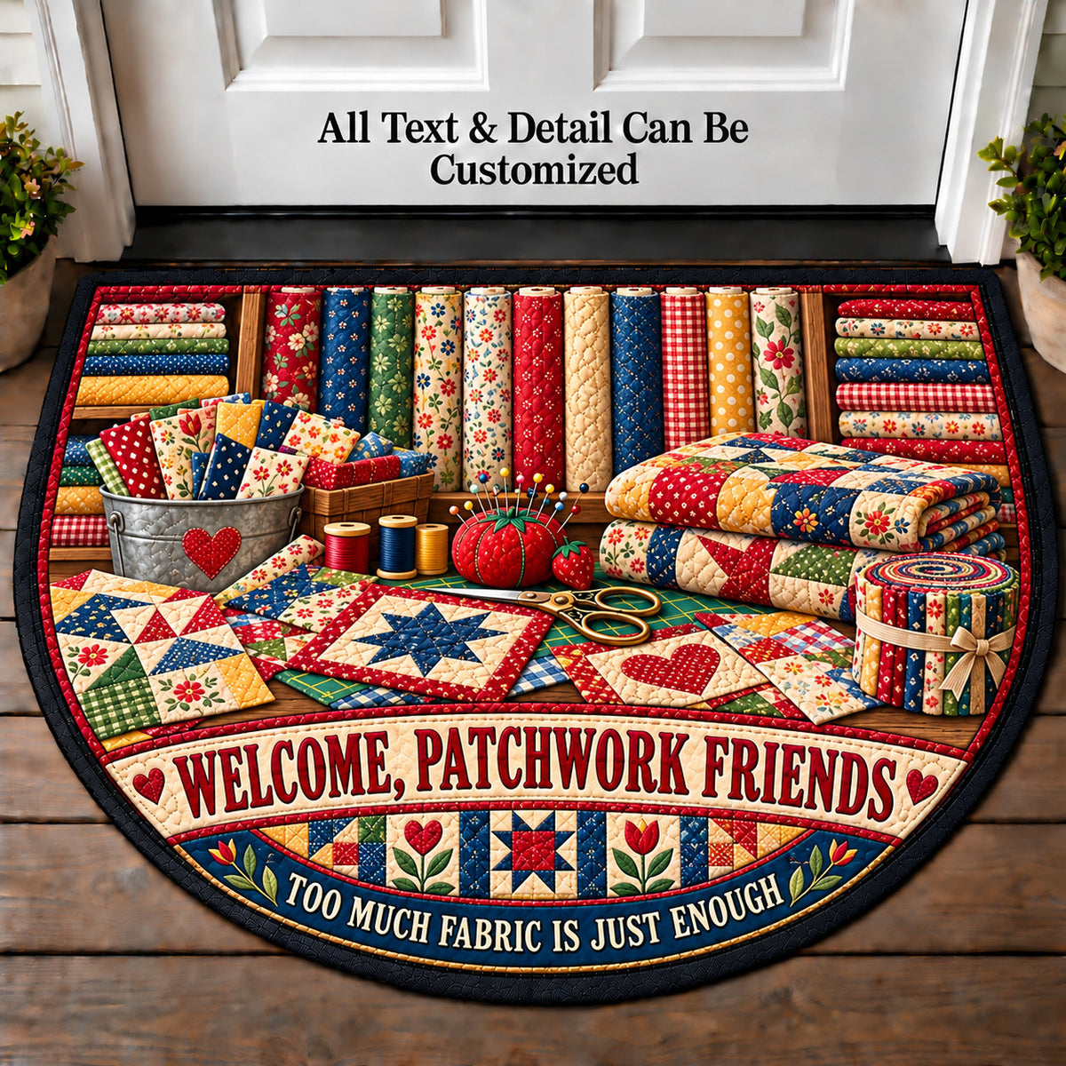 Fabric Shop Finds - Patchwork Friends Personalized Half Round Mat | 5To9Vibe