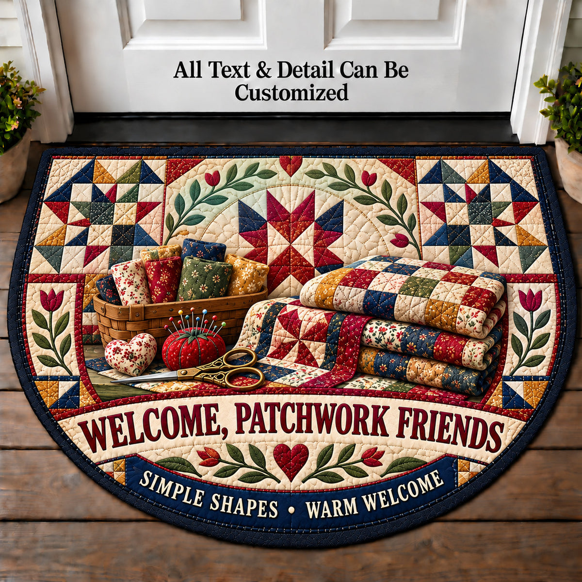 Modern Minimal Quilt - Patchwork Friends Personalized Half Round Mat | 5To9Vibe