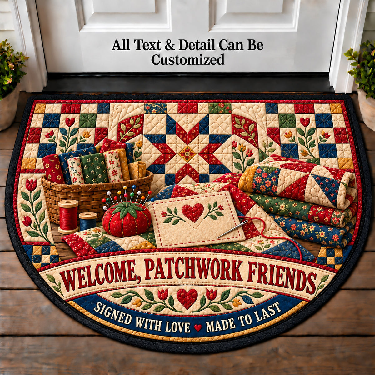 Quilt Label Memories - Patchwork Friends Personalized Half Round Mat | 5To9Vibe