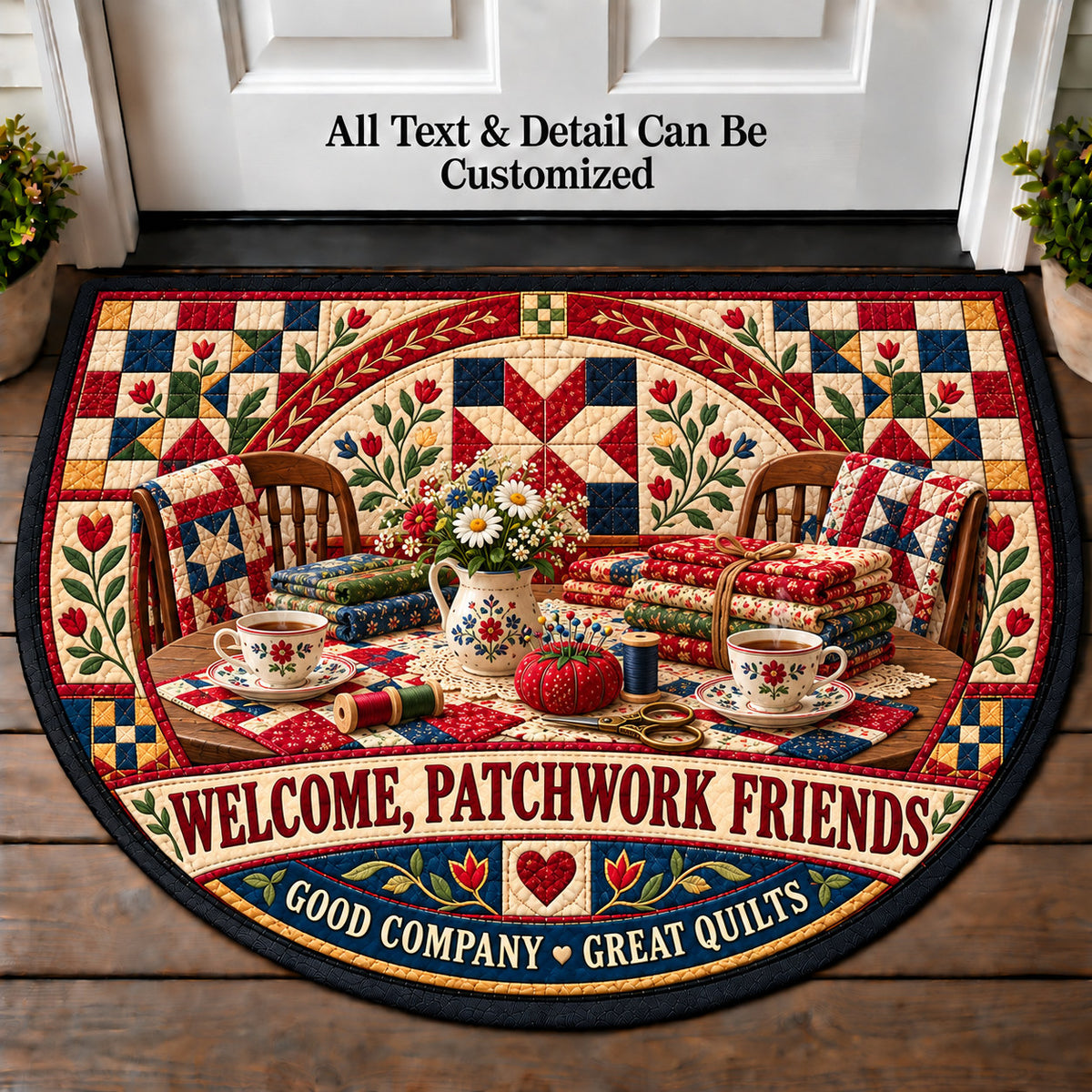Quilting Bee Table - Patchwork Friends Personalized Half Round Mat | 5To9Vibe
