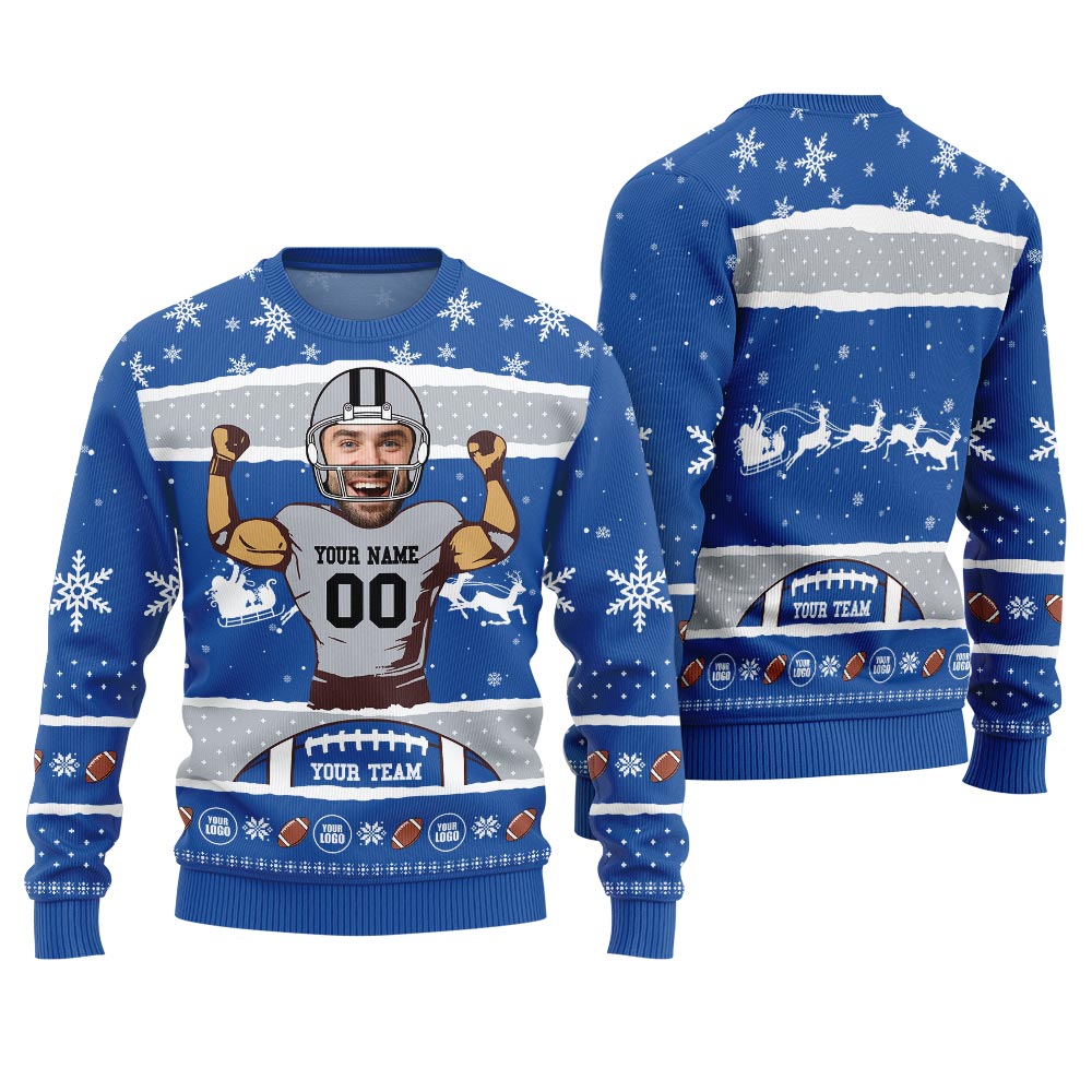Personalized Face And Name For Football Team Funny Xmas Sweater