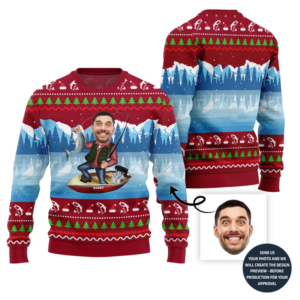 Personalized Face Fishing Ugly Christmas Sweater