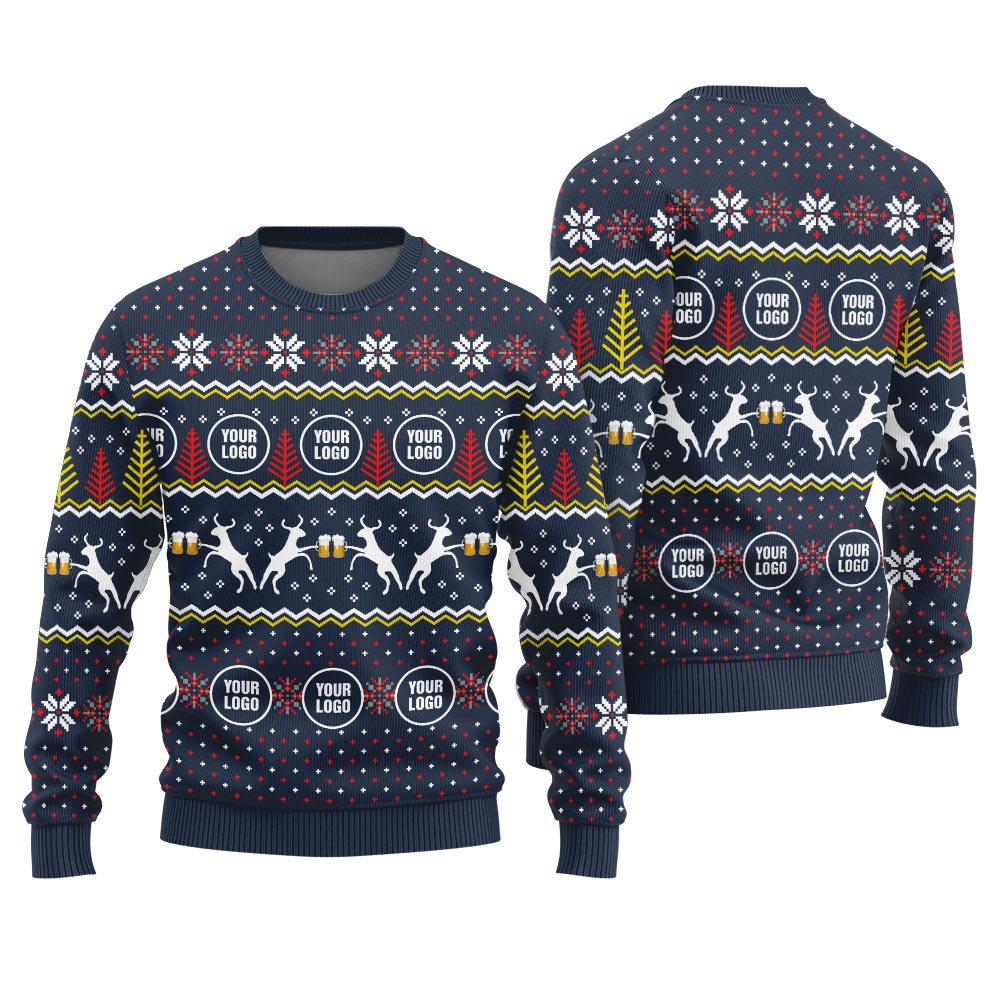 Personalized Logo With Beer Theme Ugly Xmas Sweater Navy