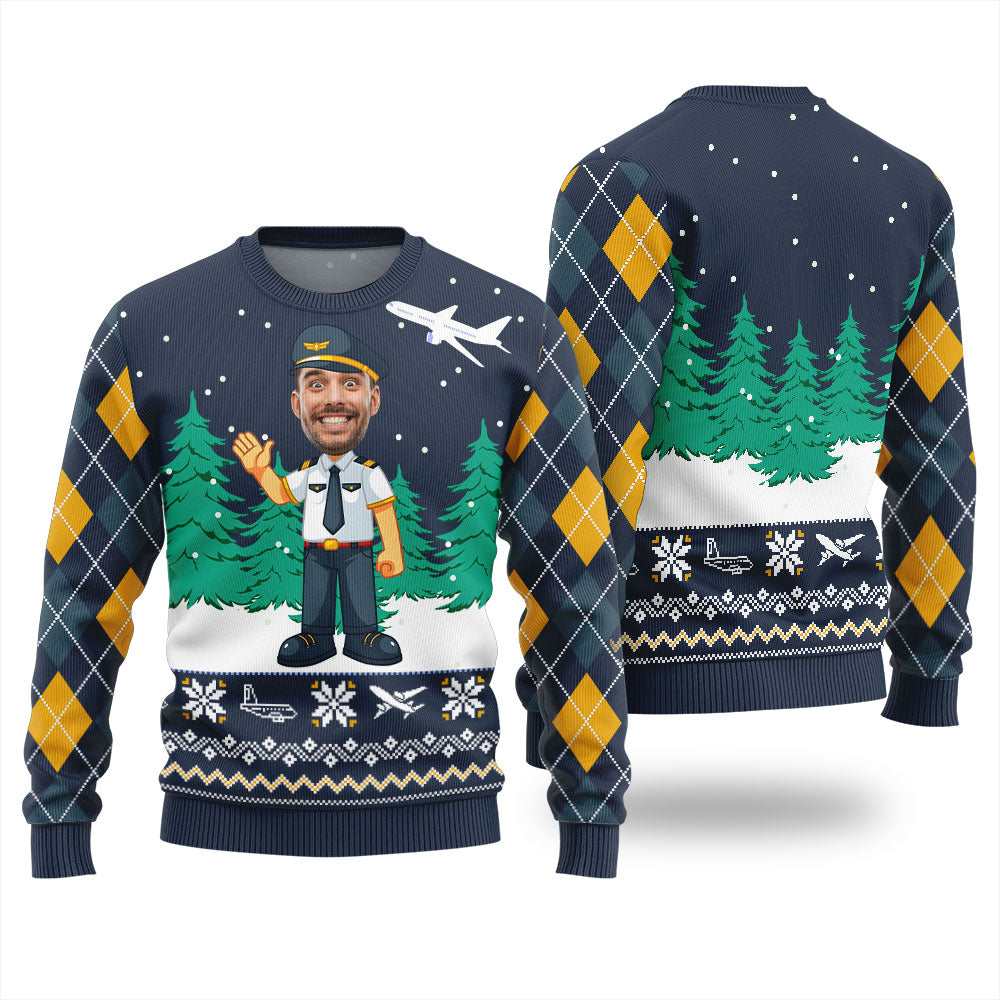 Custom Face Pilot Job Funny Ugly Xmas Sweater Navy