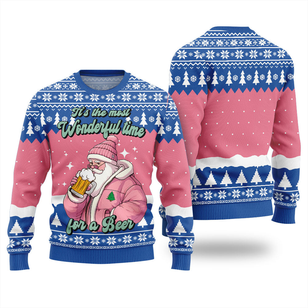 Pink Santa Wonderful Time For A Beer Christmas Sweater For Women