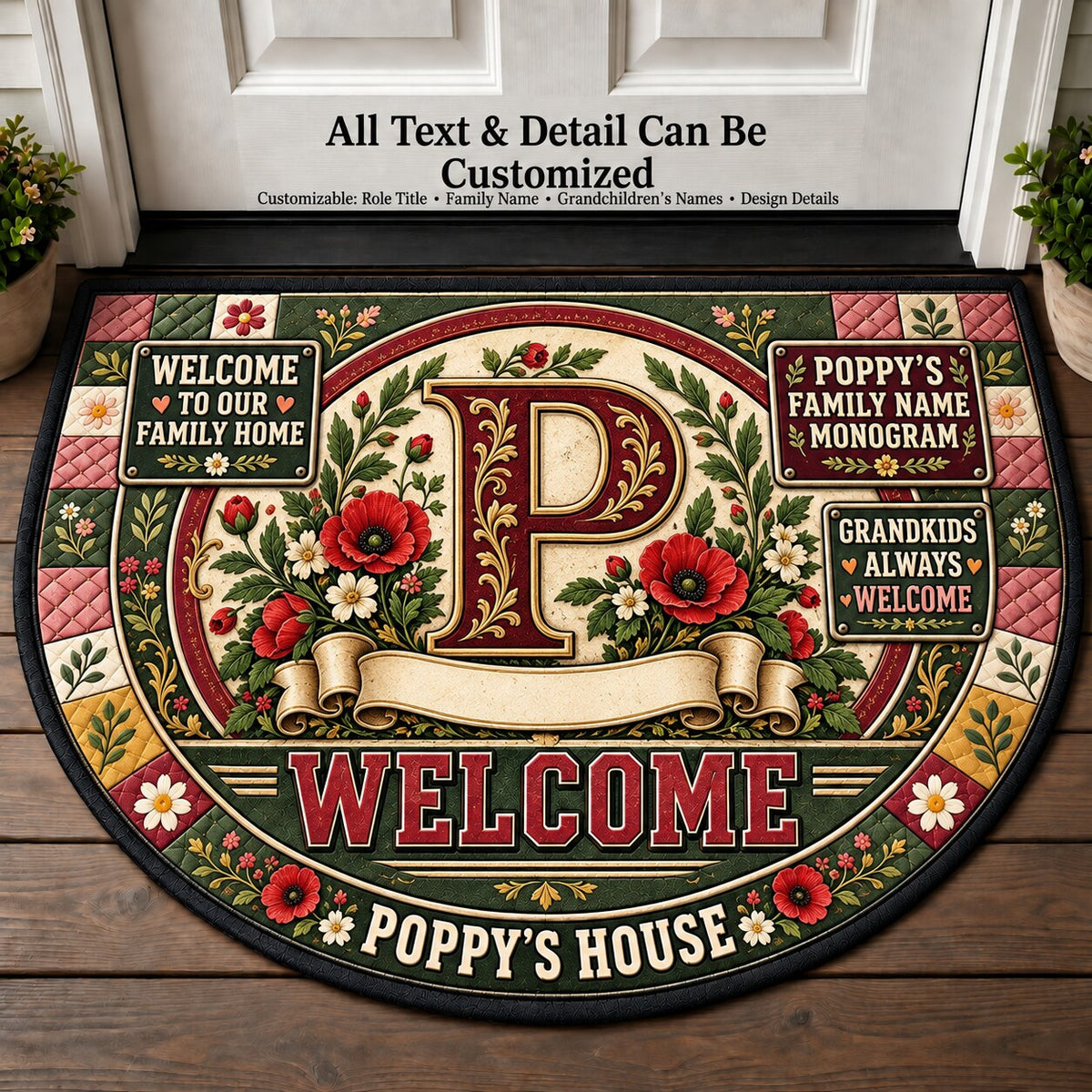 Poppy's Family Name Monogram Personalized Half Round Mat | 5To9Vibe