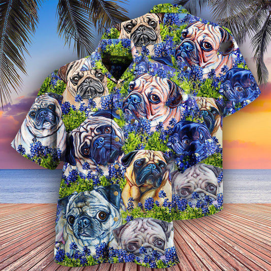 Pug And Beautiful Blue Bonnet - Hawaiian Shirt