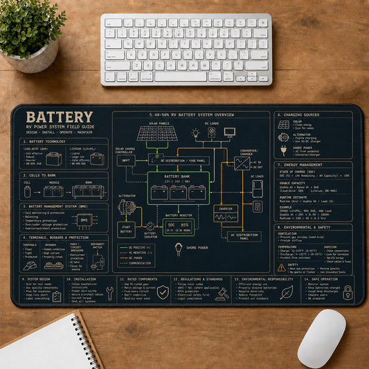 RV Battery System Mobile Adventure Systems Guide Desk Mat | 5To9Vibe