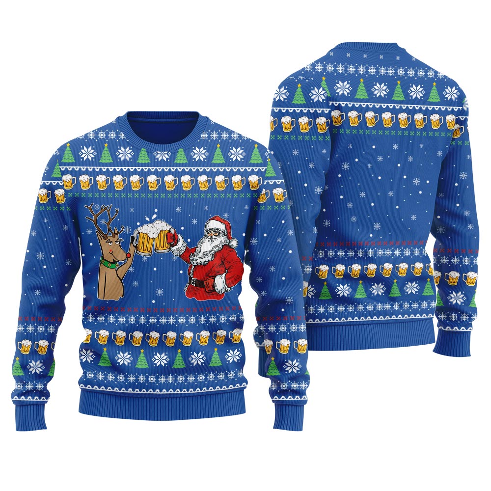 Reindeer Drinking Beer With Santa Women's Ugly Christmas Sweater