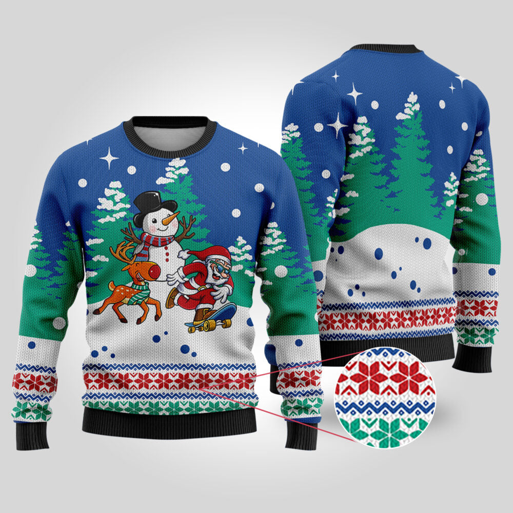 Santa Reindeer Snowman Ugly Christmas Sweater Royal - Funny Ugly Christmas Sweater
