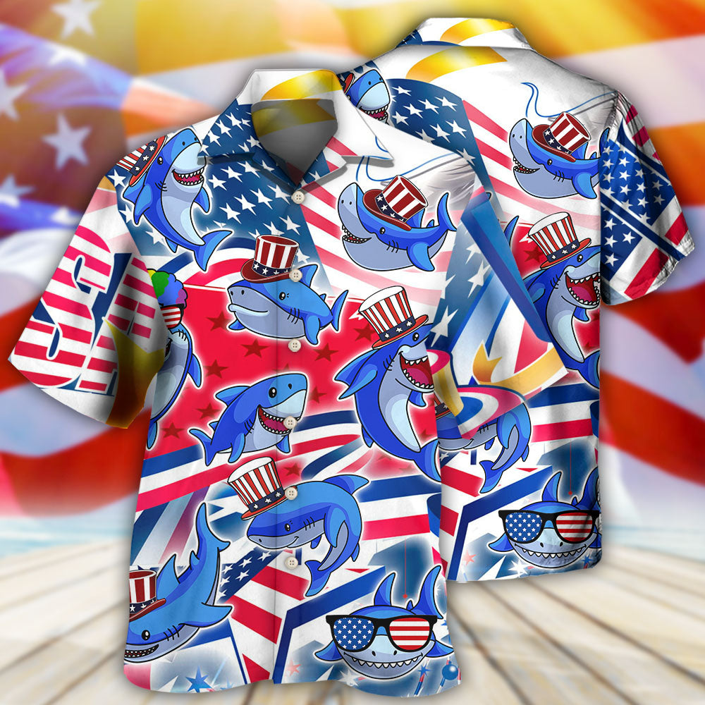 Shark Funny USA Flag Independence Day - Hawaiian Shirt