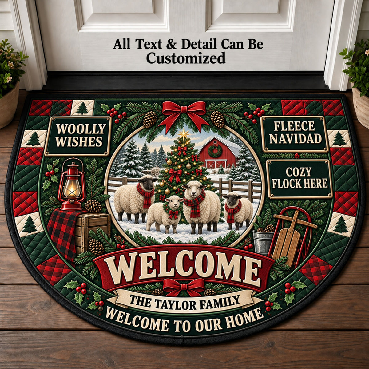 Sheep Farm Christmas Personalized Half Round Mat | 5To9Vibe