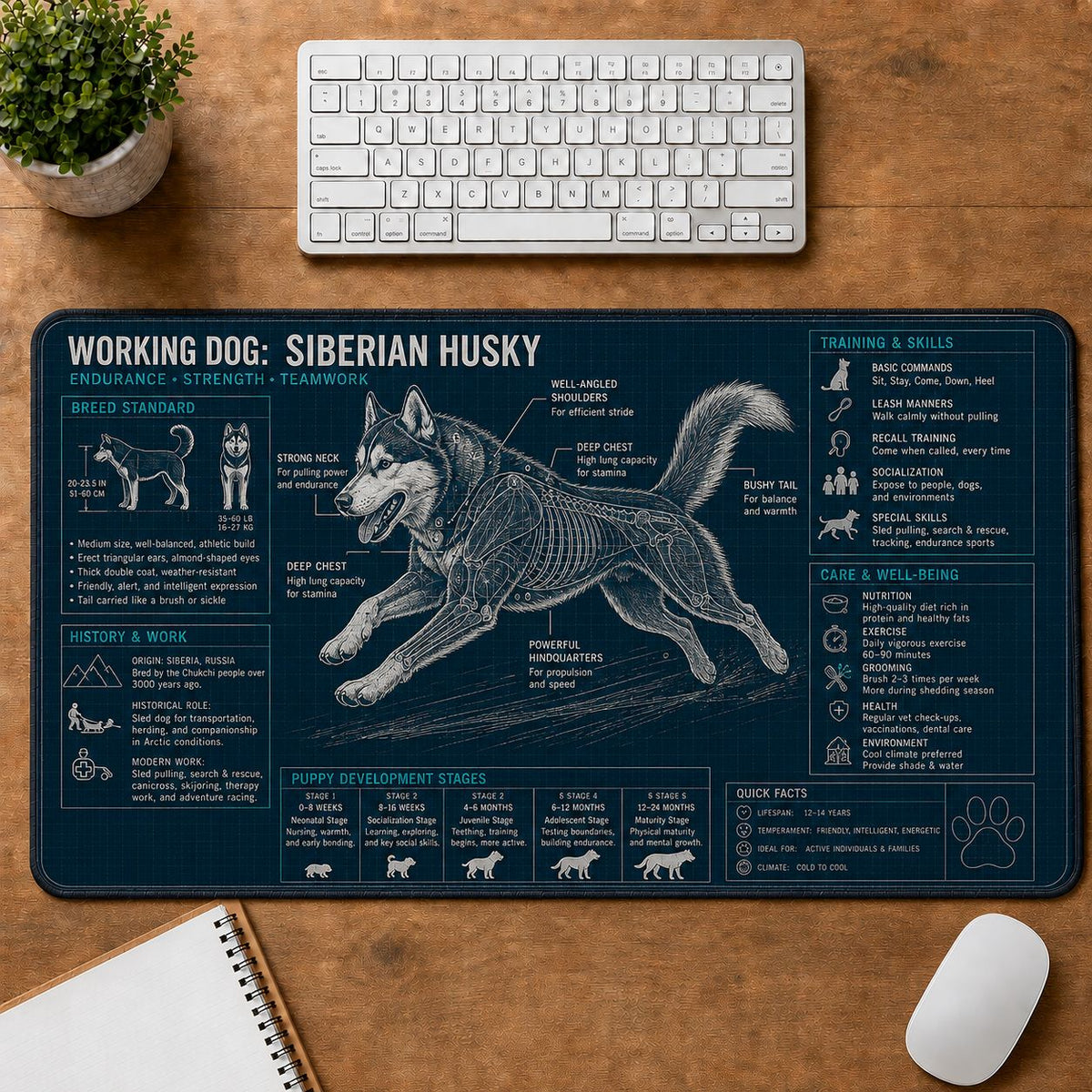 Siberian Husky Dog Breed Visual Guide Desk Mat | 5To9Vibe