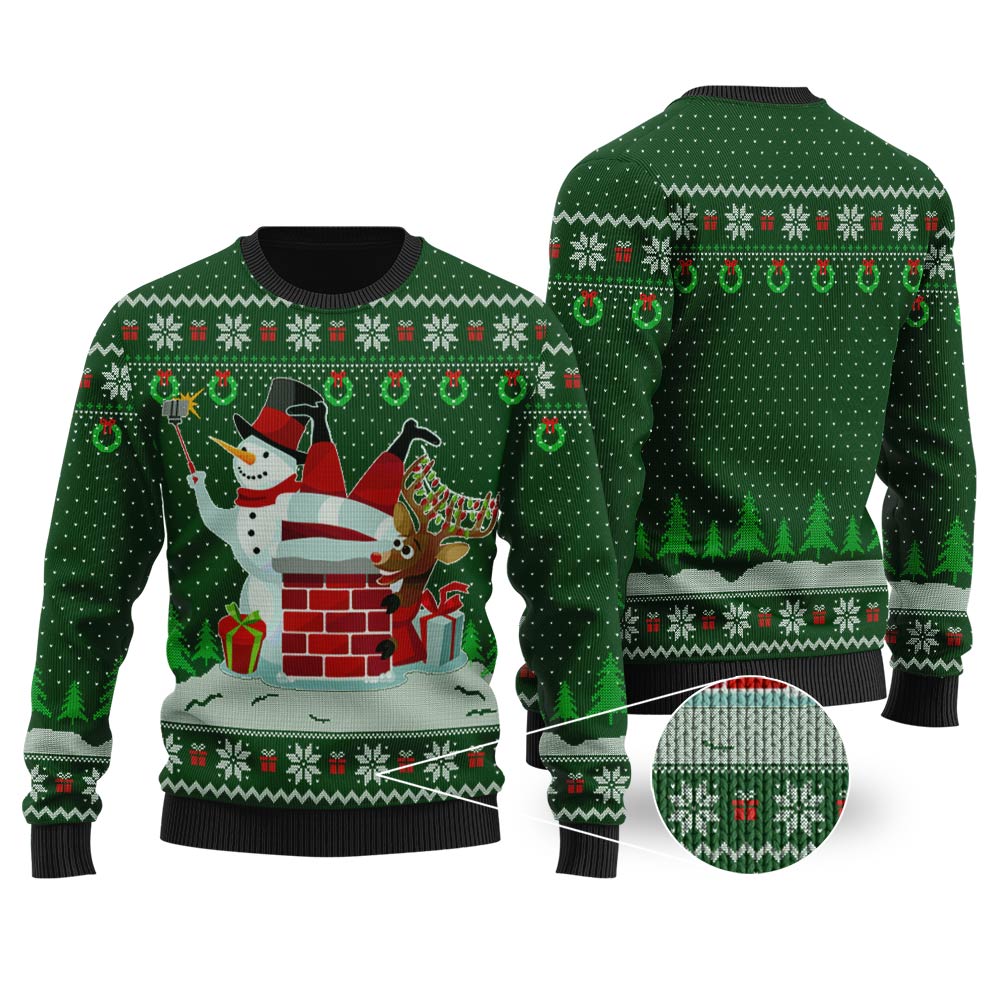 Snowman Take Selfie Santa Stuck Forest Green Ugly Christmas Sweater - Funny Ugly Christmas Sweater