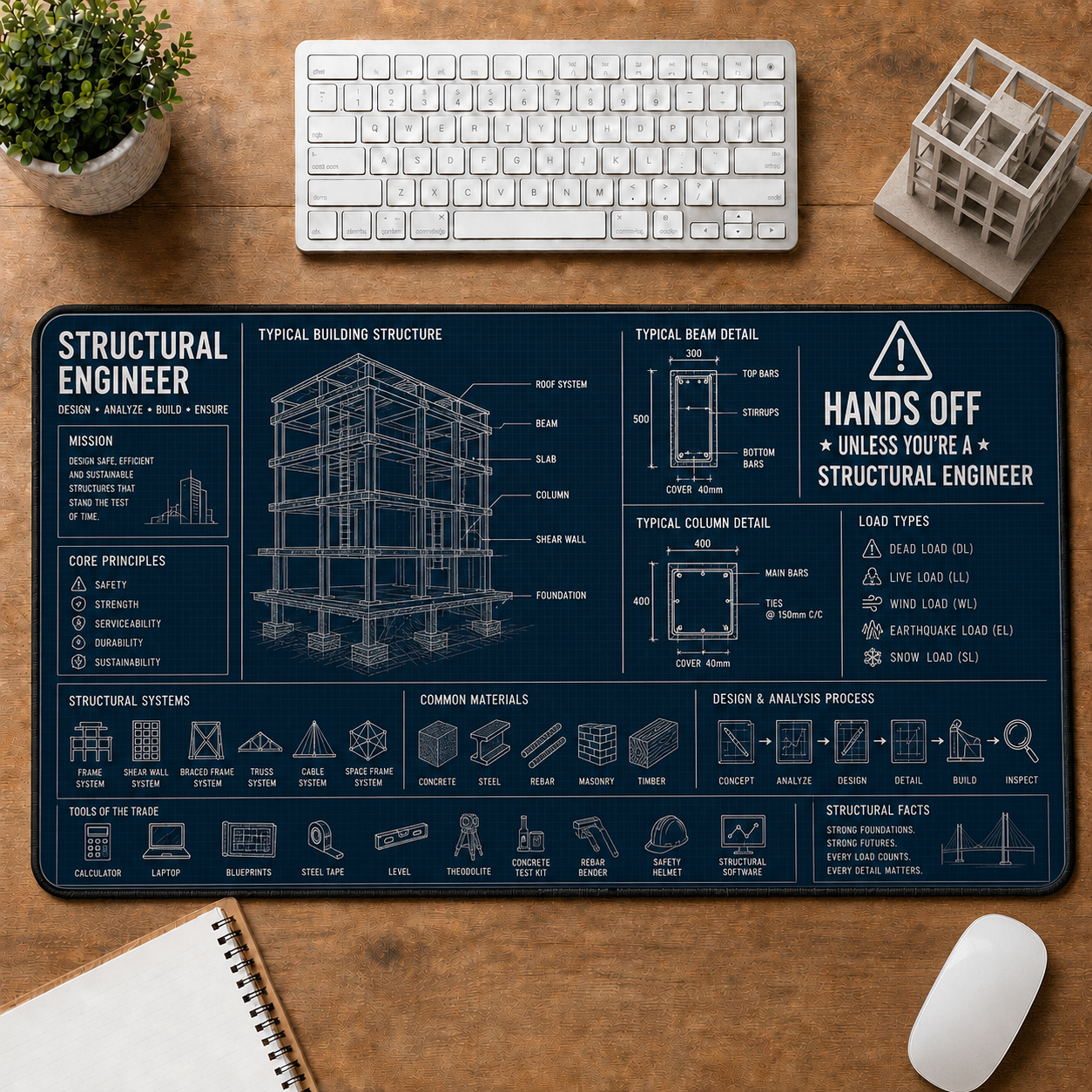 Aerospace Engineer Blueprint Large Desk Mat - Spacecraft Design & Vehicle Specs Plus Size Mouse Pad - 5to9vibe