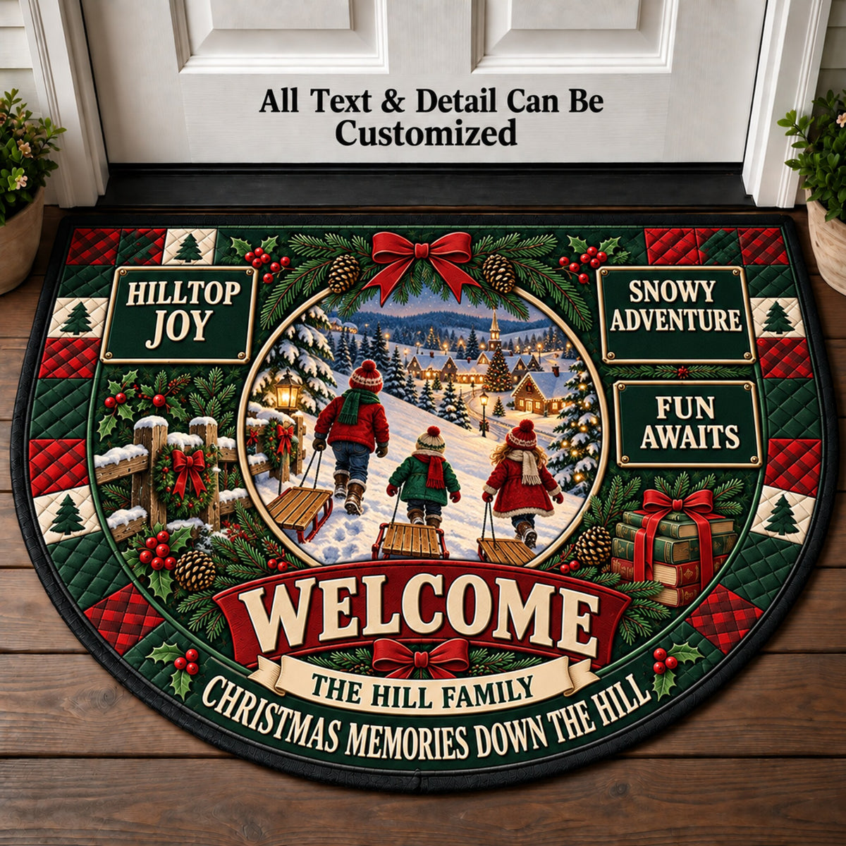 Toboggan Hill Christmas Personalized Half Round Mat | 5To9Vibe