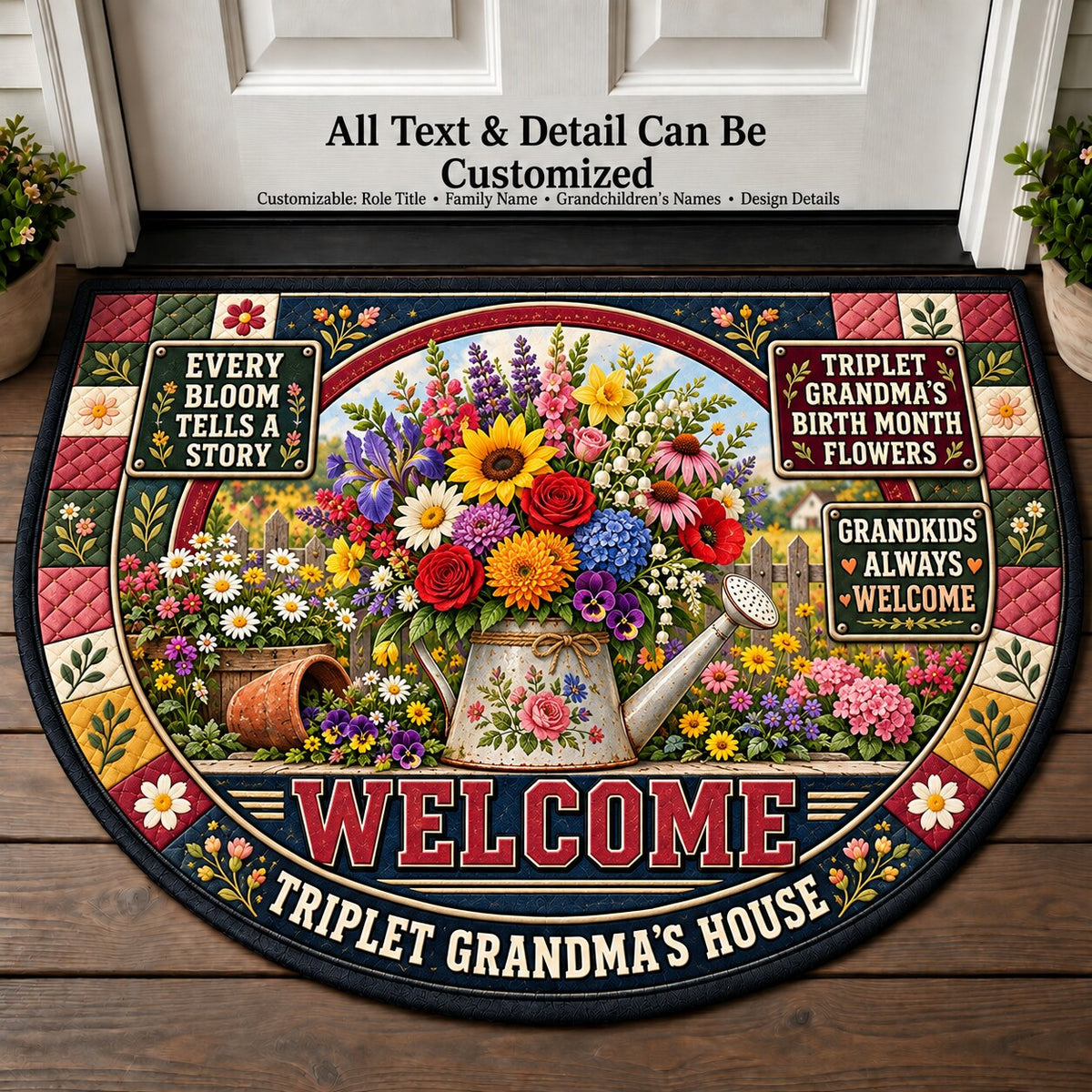 Triplet Grandma's Birth Month Flowers Personalized Half Round Mat | 5To9Vibe