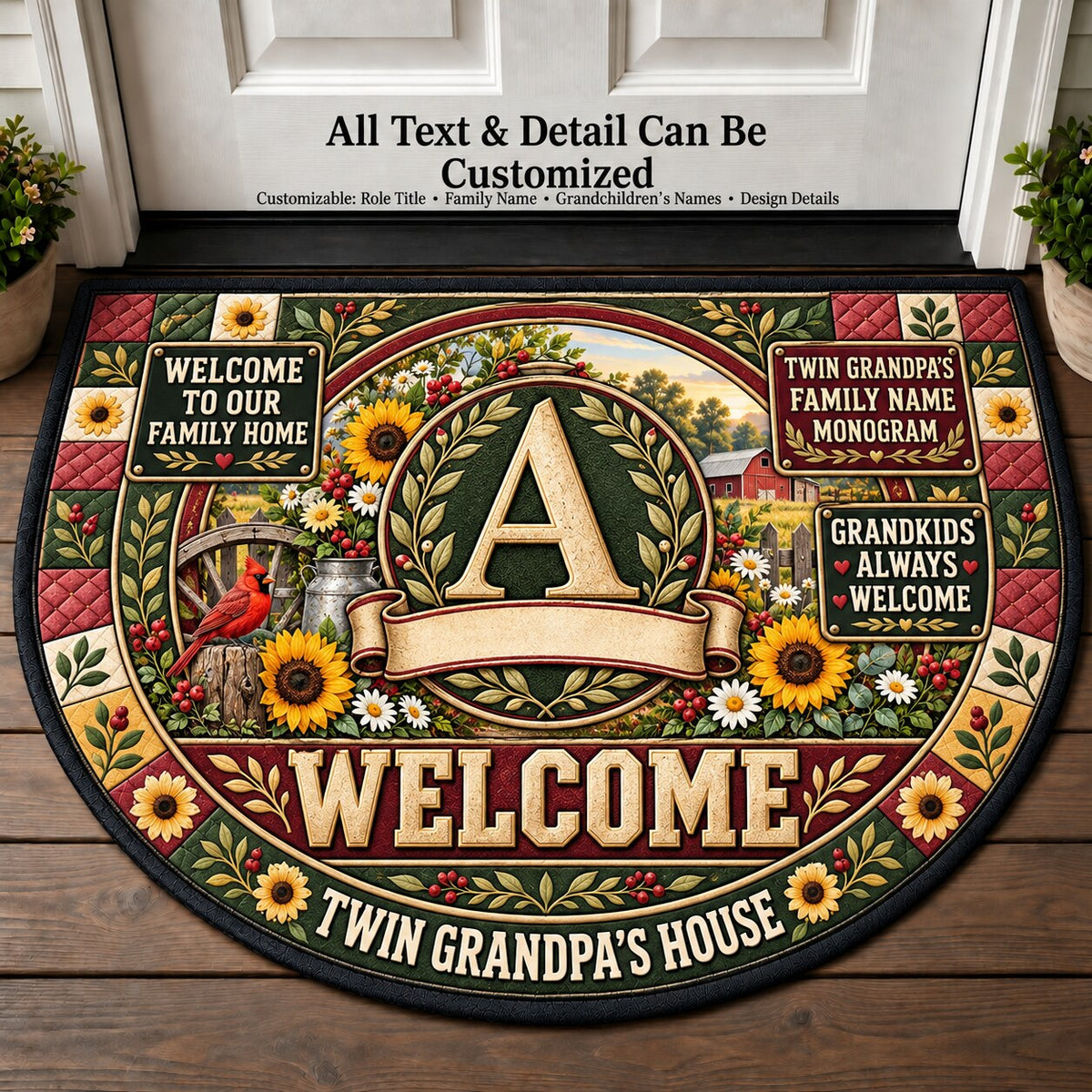 Twin Grandpa's Family Name Monogram Personalized Half Round Mat | 5To9Vibe