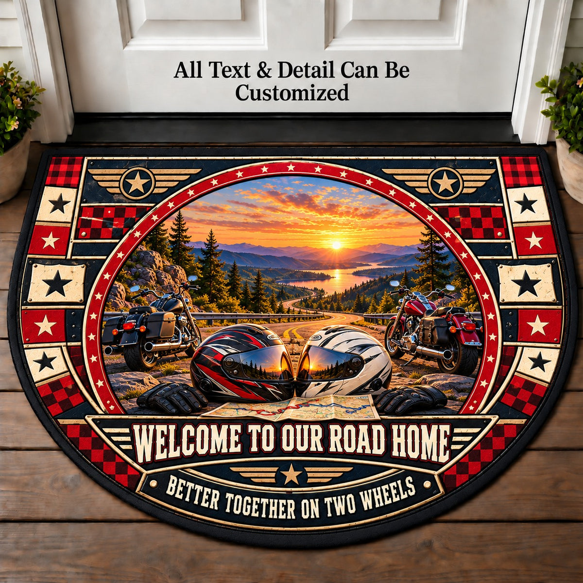 Two Helmets One Road - Two Up Adventures Personalized Half Round Mat | 5To9Vibe