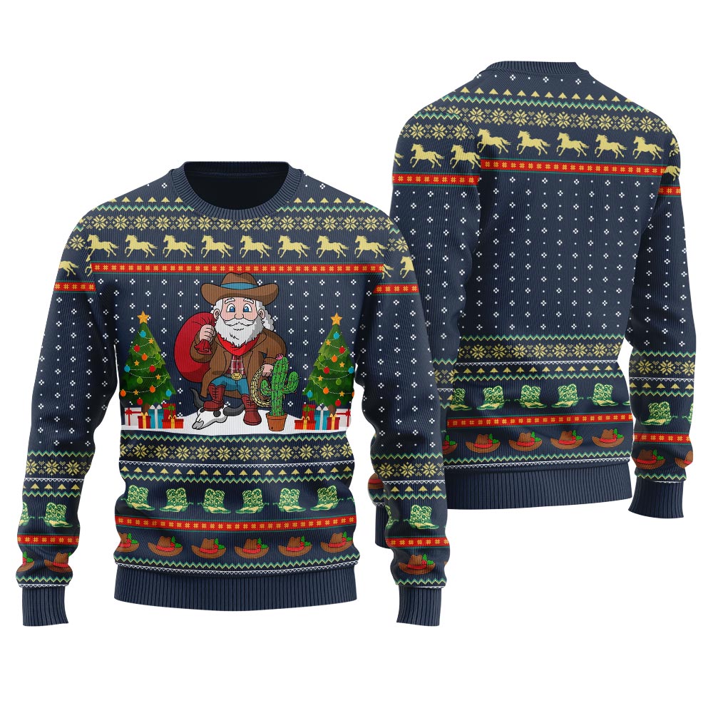 Unique Cowboy Santa Claus Ugly Christmas Sweater Navy