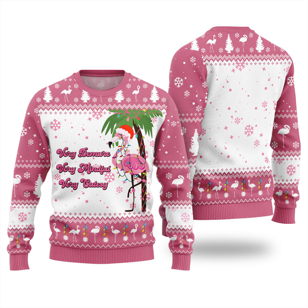 Very Demure Mindful Cutesy Flamingo Funny Xmas Sweater Pink