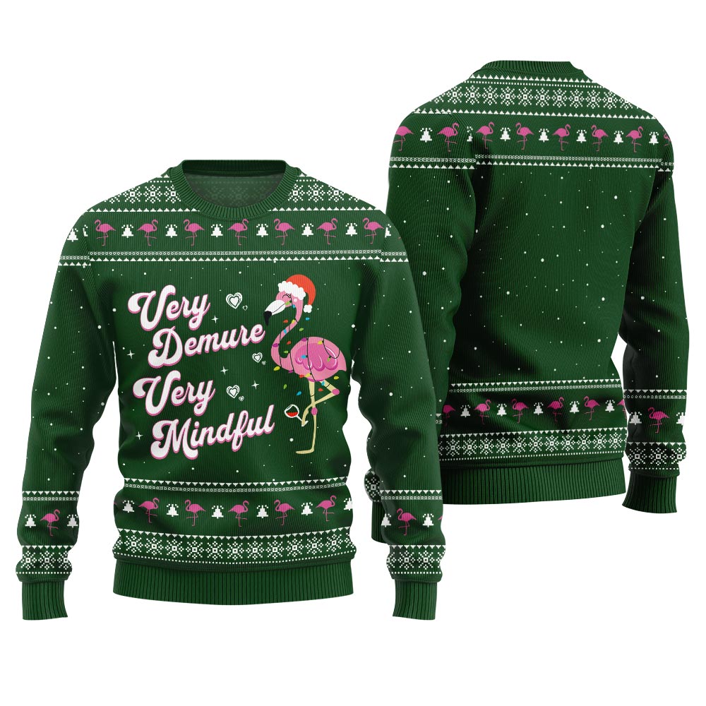 Very Demure Very Mindful Flamingo Ugly Sweater Green