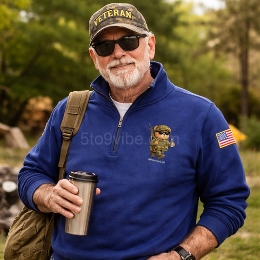 Veteran Life Embroidered Quarter Zip Sweatshirt, Funny Veteran Life Bear Pullover, Men's Casual Zip Up Jacket, Gift for Veteran Life Lover Dad