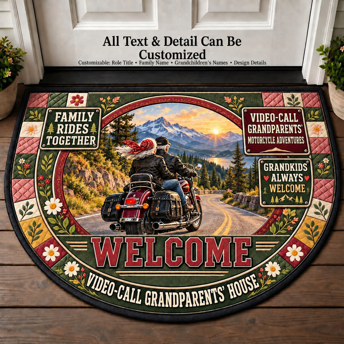 Video-Call Grandparents' Motorcycle Adventures Personalized Half Round Mat | 5To9Vibe